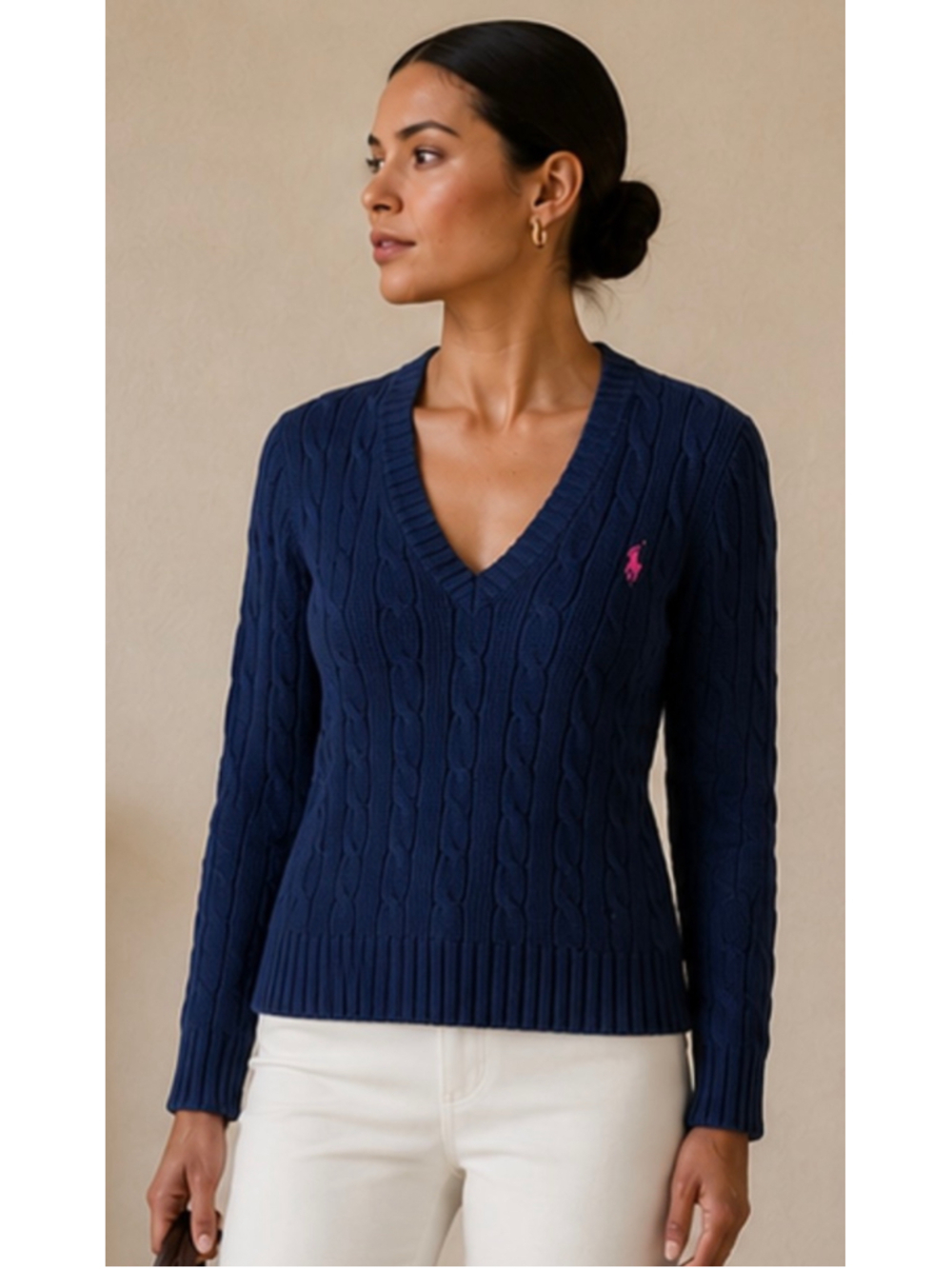 Women's Ralph Lauren Sport Cable Knit V-Neck Sweater Blue XL